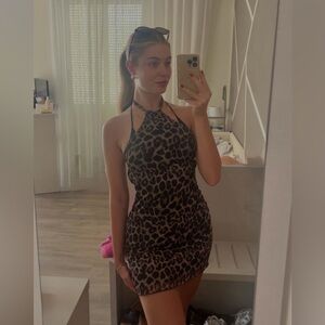 Leopard Print Halter Bodycon Dress - Brown/Black